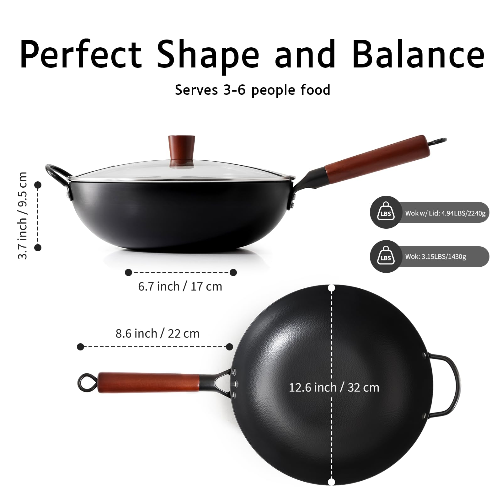 Kordisen Wok de Acero al Carbono 32cm con Tapa, Mango de Madera, Fondo Plano para Inducción y Gas, Antiadherente Natural, Gran Capacidad para 3-6 Personnes, Sartenes para Saltear Estilo Asiático | 17 cm Flachboden für Induktion, Gas, Elektro und Glaskeram