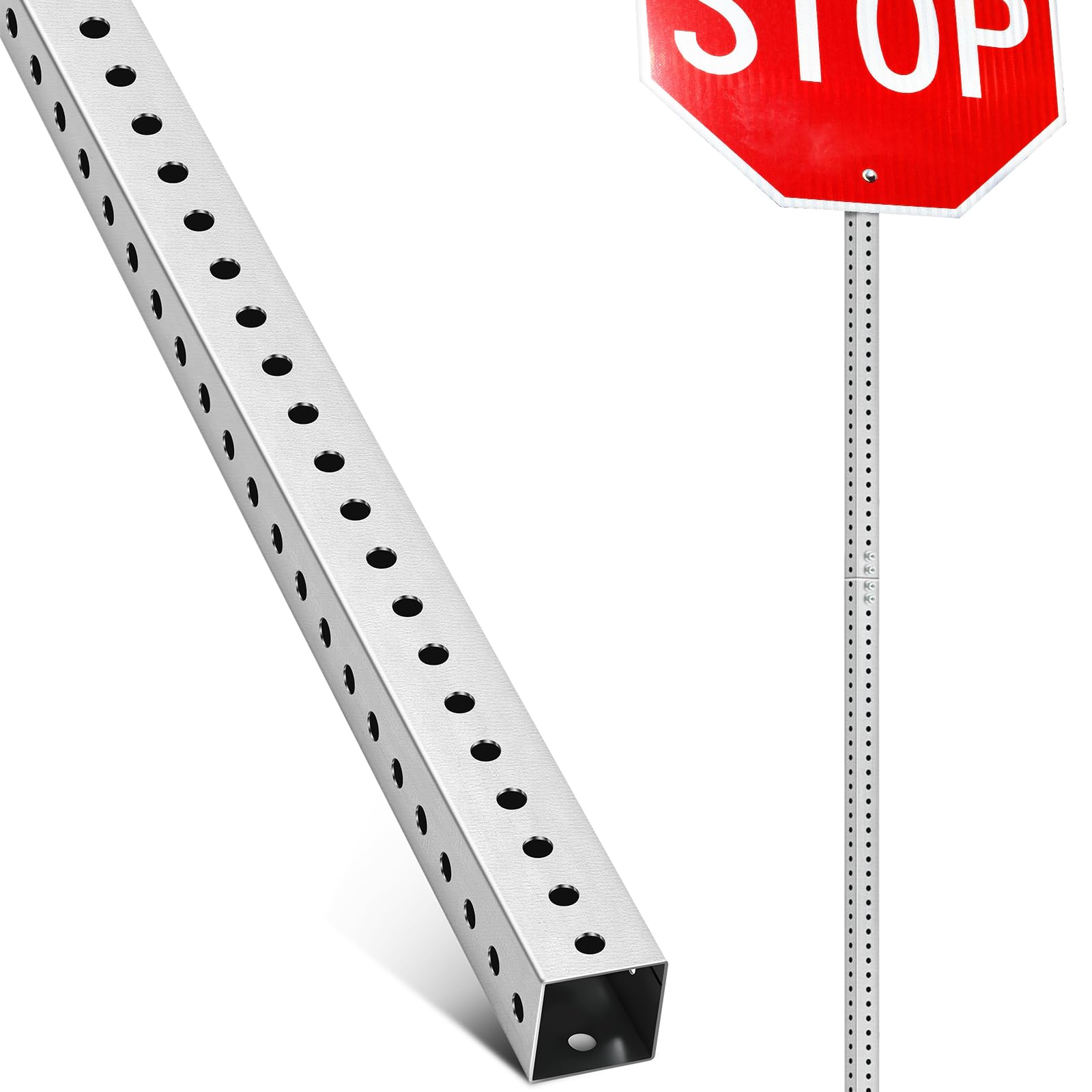 8 ft H x 2 in W Square Sign Post with 7/16” Dia Mounting Holes Galvanized Steel Posts Outside Rust Resistant Breakaway Industrial Metal Pipe Tubing for Parking, Street Sign Stand