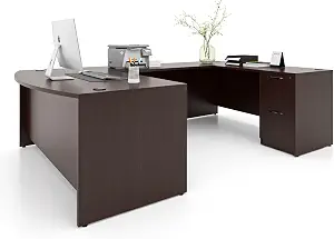 66.93'' U-Shaped Executive Office Desk with Locking File Cabinets, Commercial-Grade Workstation, Espresso