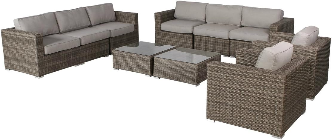Living Source International Patio Sofa Set Outdoor Furniture Patio Sofa Couch Garden, Backyard, Porch or Pool All-Weather Wicker with Thick Cushions (10 Piece Sofa Set with Cushions, Verona Grey)