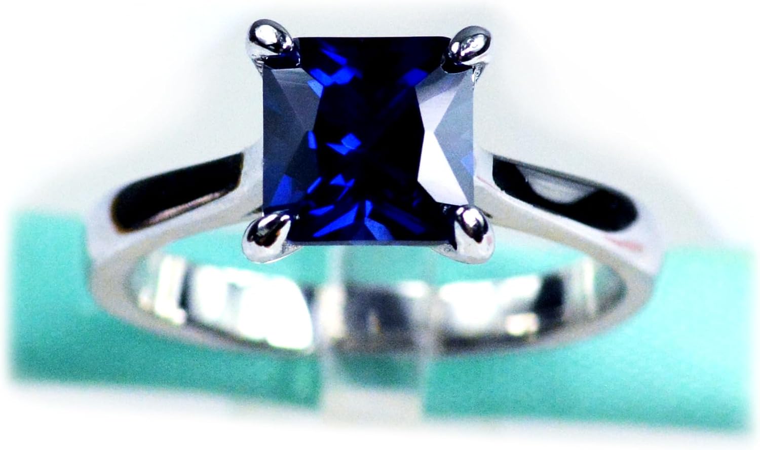 Solitaire Square 7MM Blue Sapphire Ring, Solid 925 Sterling Silver, Platinum Plated