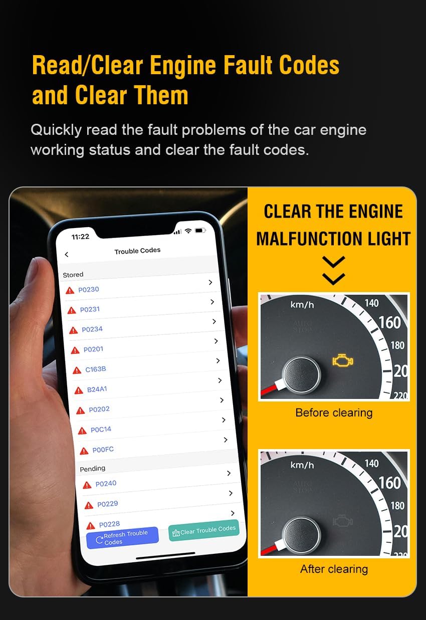 V020 Car Scanner app showing monitored test, MIL status, and vehicle information