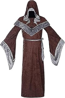 Mens Halloween Costume Sorcerer Robe, Medieval Vintage Renaissance Hooded Gown Cloak Cape