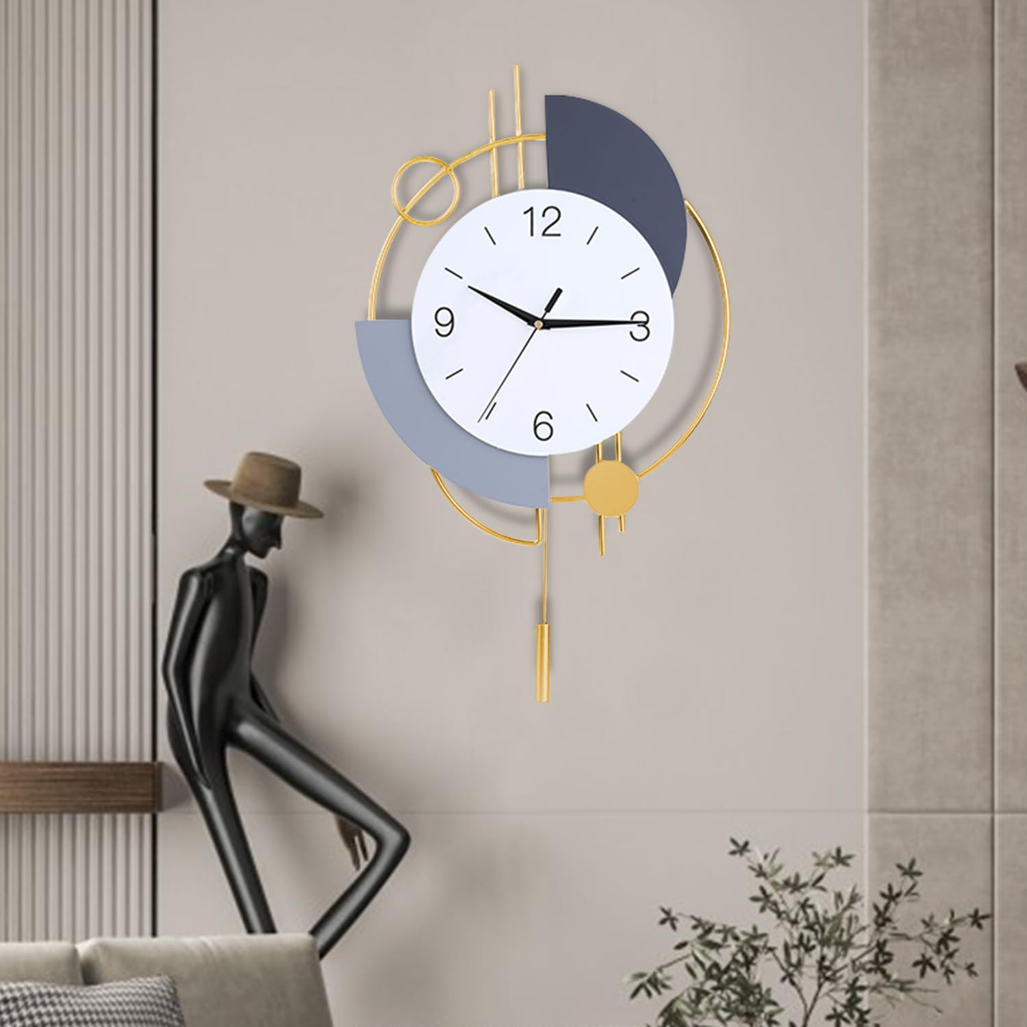 Wanduhr, geräuschlos, hochwertig, Quarz, batteriebetrieben mit Pendel, große Wanduhr für Wohnzimmer, Küche, Zuhause, Badezimmer, Schlafzimmer, Wanddekoration, 33 x 55 cm (Golden)