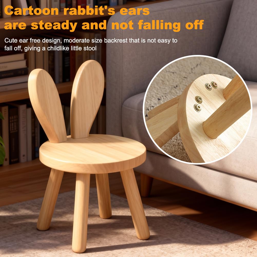 CEWROM Taburete de madera maciza, forma de orejas de conejo, silla infantil con respaldo de orejas de conejo, muebles redondos de madera para niños, para comer, leer y jugar