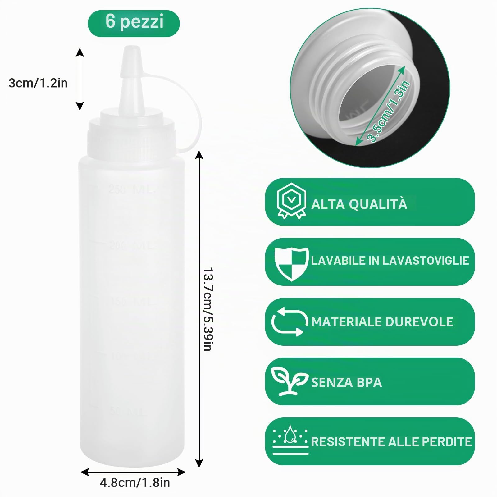 Flacone Dosatore 240ml Set 6 Pezzi Senza BPA Bianco – Flaconi Spremi Cucina Anti-Perdita, Bottiglia Salse Ketchup Senape Olio Oliva Salse Piccanti, Flacone per Pittura Decorazione Torte