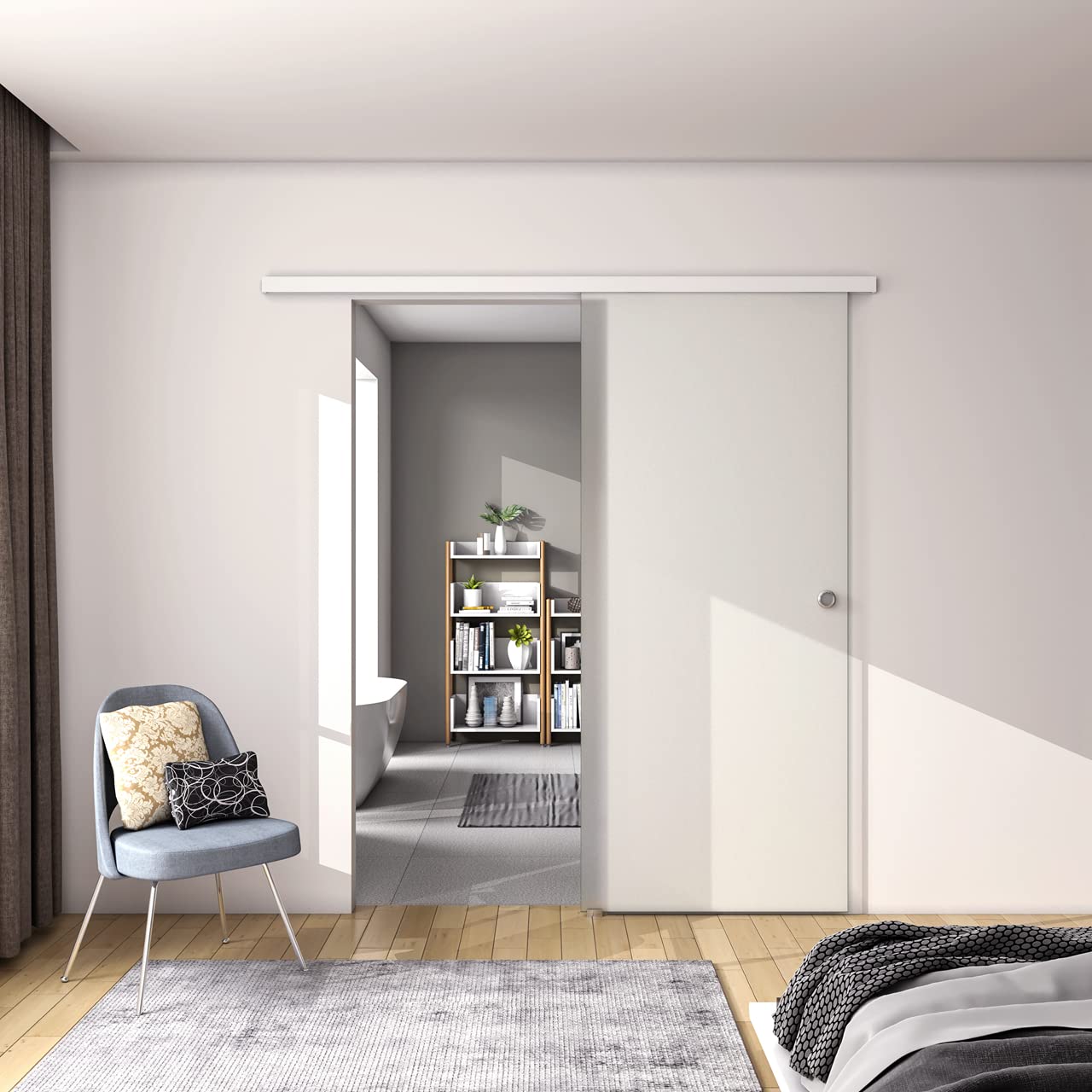 100x225 cm Porta Scorrevole in Vetro da 8 mm Temperato Opaco con Pellicola Anti-frantumi con Binario in Alluminio Bianco Verniciato