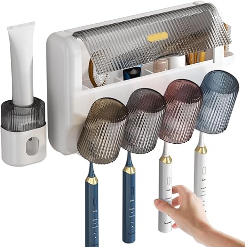 Soporte para cepillos de dientes montado en la pared con dispensador de pasta de dientes y tazas, organizador de pared para cepillos de dientes,