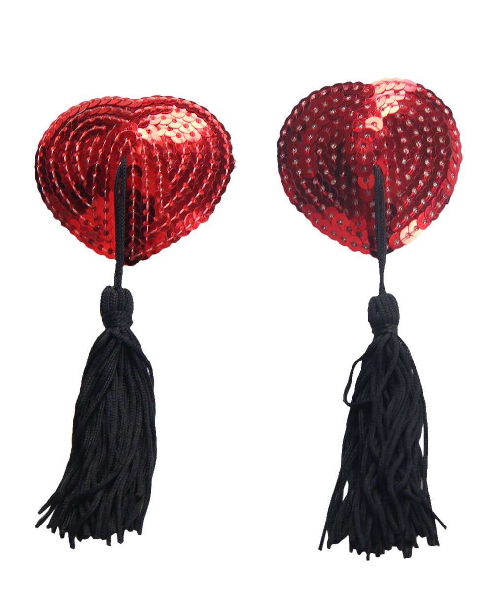 Luckyemporia Women's Red Nipple Cover Sexy Heart Shape Sequin Pasties Tassel Breast Bra Silica