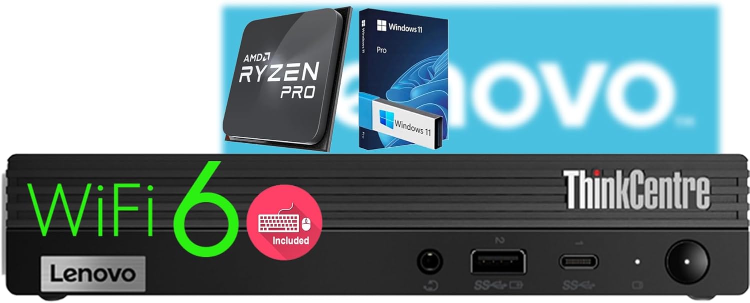 Lenovo ThinkCentre Mini PC, Ultra-Fast AMD Ryzen 5 PRO Processor, 32GB RAM, 2TB SSD & 2TB HDD, Wi-Fi 6, Bluetooth5, USB-C, HDMI, Display Port, RJ-45, Windows 11 Pro – Small Desktop for Work & Play