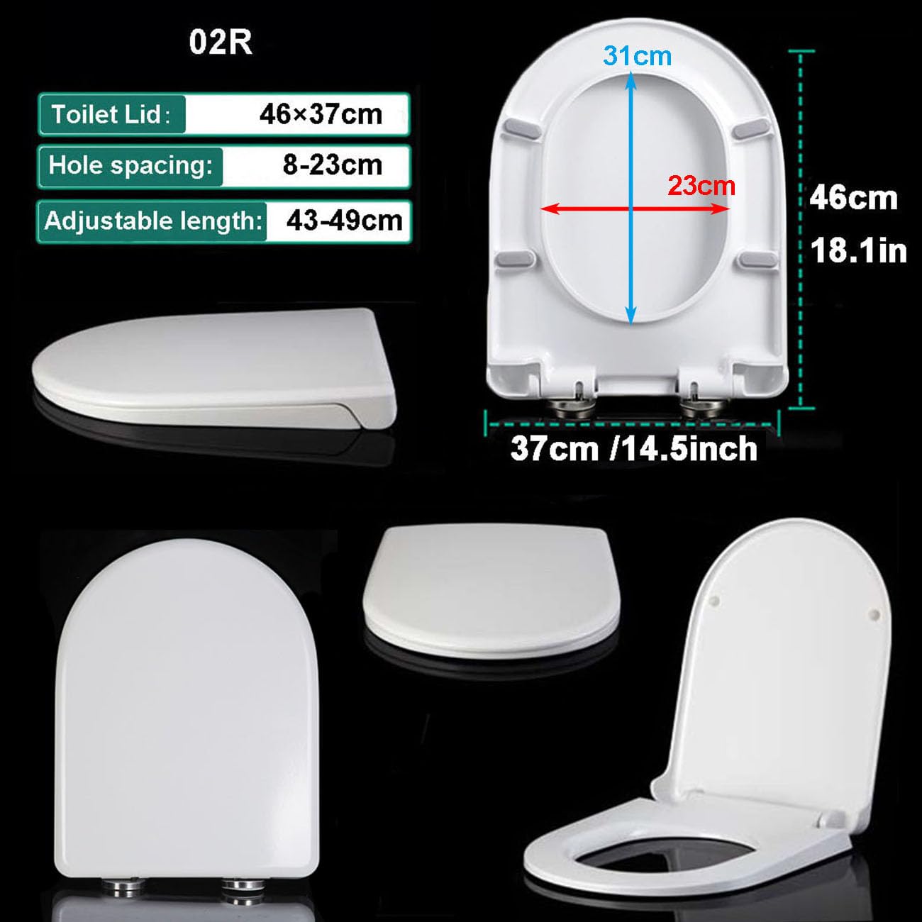 Toilettensitz mit Absenkautomatik, 36,5 x 47 cm, D-S, verstellbare Scharniere und Schnellverschluss, PP-Material, universelle Passform, weißer Toilettendeckel für einfaches Einfüllen