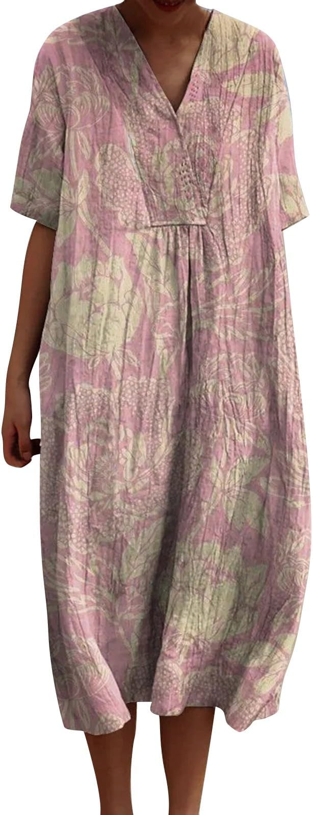 GenericWomen's Short Sleeve Linen Dress Vintage Floral Art Print Casual Flowy Dress