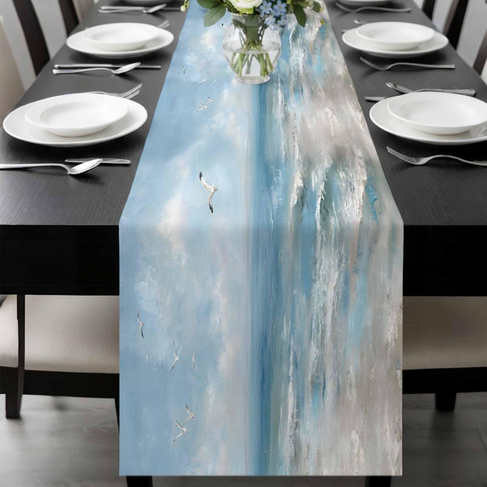 Ocean Table Runner 13x120 Inches Long Summer Beach Seagull Oil Painting Coastal Cotton Linen Table Runner Burlap Style for Dinner Table Party Decor Tabletop Decorations