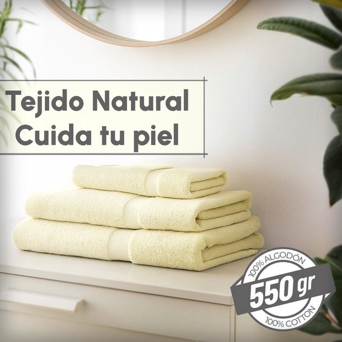 Juego de 6 Toallas de Ducha Grandes Crema 100% algodón Rizo 150x100 cm | Tejido suave de gran gramaje con alta absorción. Aptas para lavadora, de uso diario.