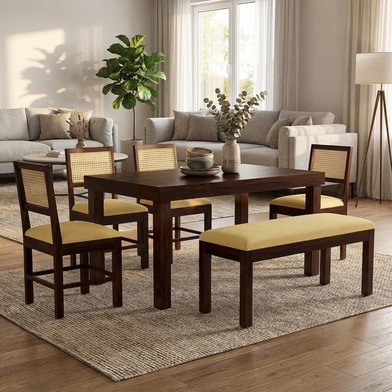 Image of Furniture Solid Sheesham Wood 6 Seater Dining Table Set with 4 Cushioned Chairs and Bench | Wooden Six Seater Dinner Table Set for Living Room, Kitchen, Dining Area and Home (Walnut Finish)
