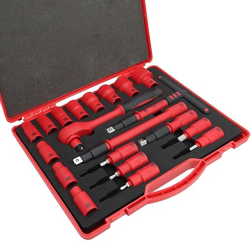 MichaelPro Juego de herramientas aisladas VDE de 20 piezas de 12 pulgada con enchufes, dados de puntas, llaves, trinquete, herramientas eléctricas