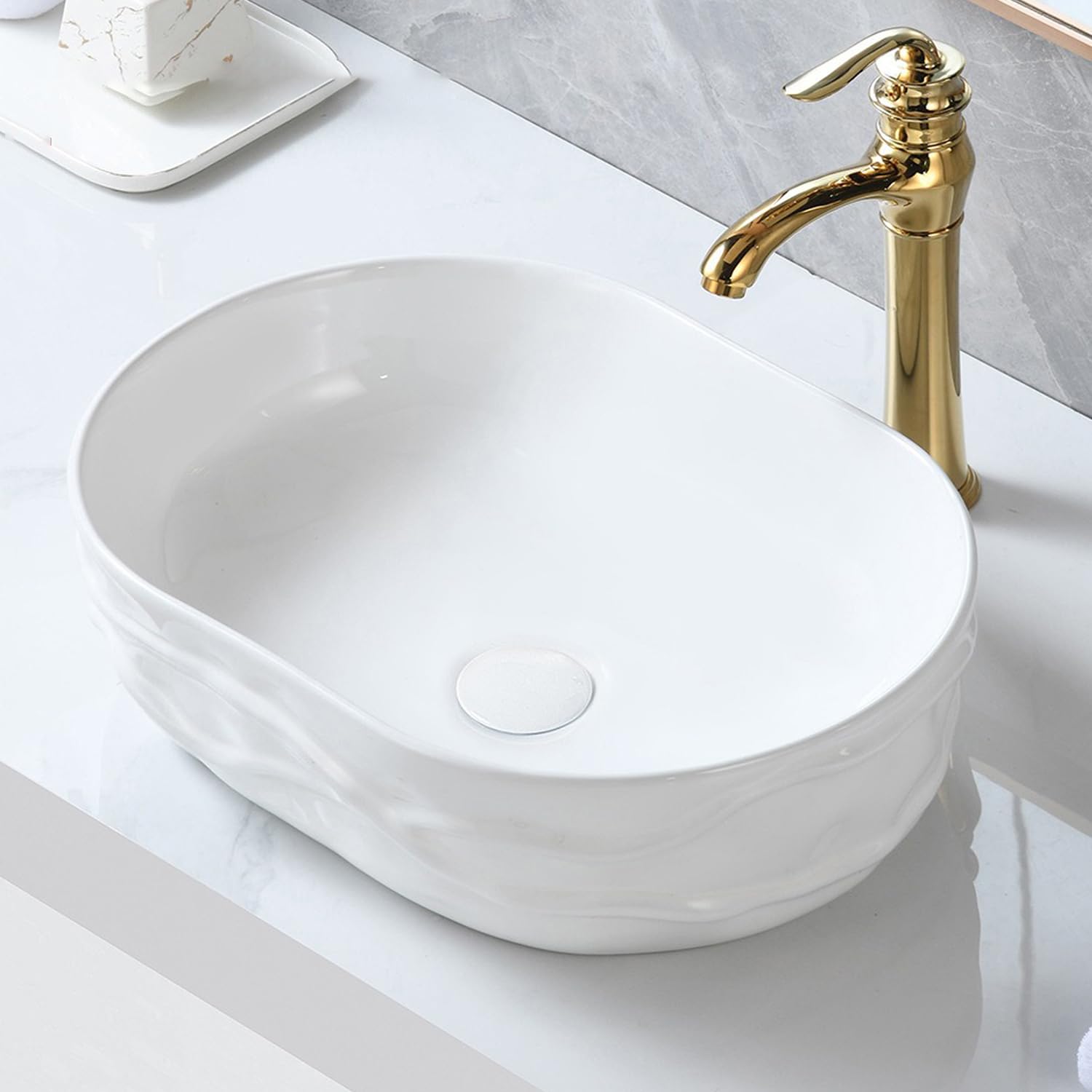 Okrągła umywalka łazienkowa 38 cm, ceramiczna umywalka nablatowa, mini miska na blat do domu lub restauracji, bez kranu, wyskakujący odpływ nie jest dołączony