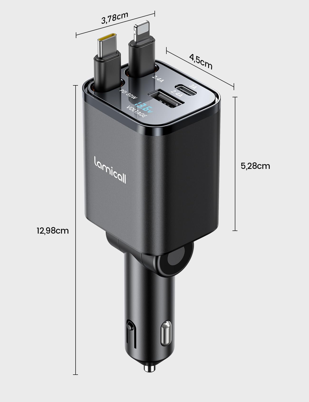 Lamicall 4 EN 1 Cargador Coche USB C, 69W Cargador Mechero Coche - [Compacto & Indicador de Voltaje] 180° Plegable Adaptador Móvil Coche con 2 Cables Retráctiles y Puerto USB-C/A, para iPhone/Samsung