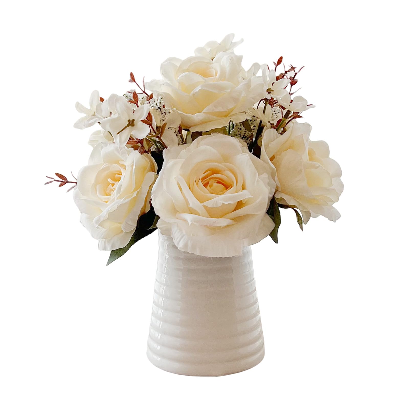 Elegant Artificial White Rose Bouquet in White Ceramic Ribbed Vase, Silk Floral Arrangement for Home Decor, Wedding Centerpiece, Living Room Decoration (White)