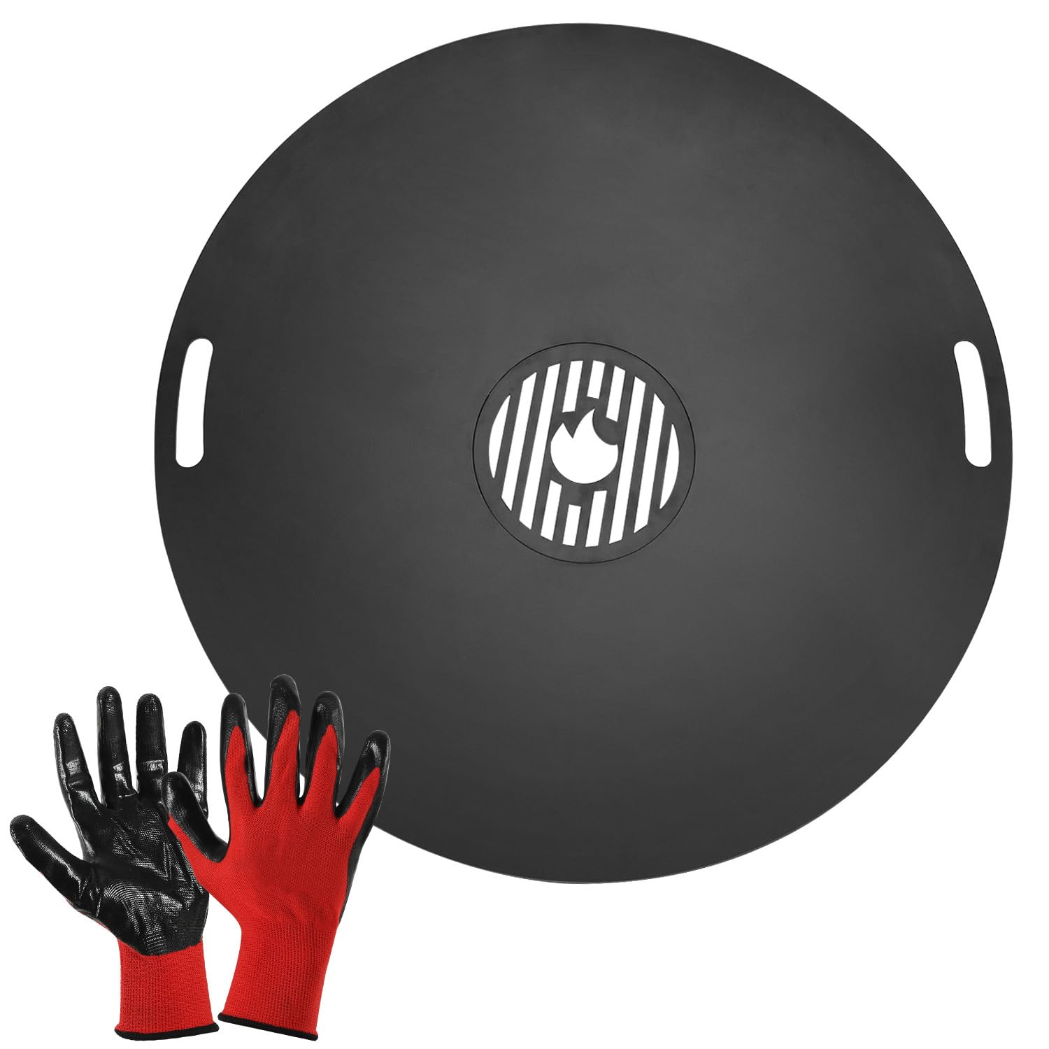 Carbonstahl Feuerplatte Ø 80 cm mit Grilleinsatz und Handschuhen, Grillplatte für Feuertonne und Feuerschale, Plancha Grillring für BBQ und Teppanyaki
