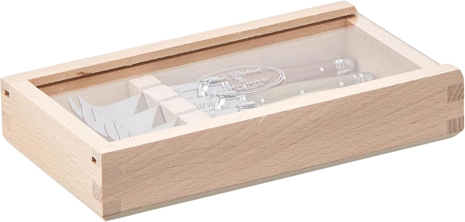 Jean Dubost Laguiole 4-Piece Cheese Knives Set in Slide-Top Box, Ivory Handles - Rust-Resistant Stainless Steel - Made in France