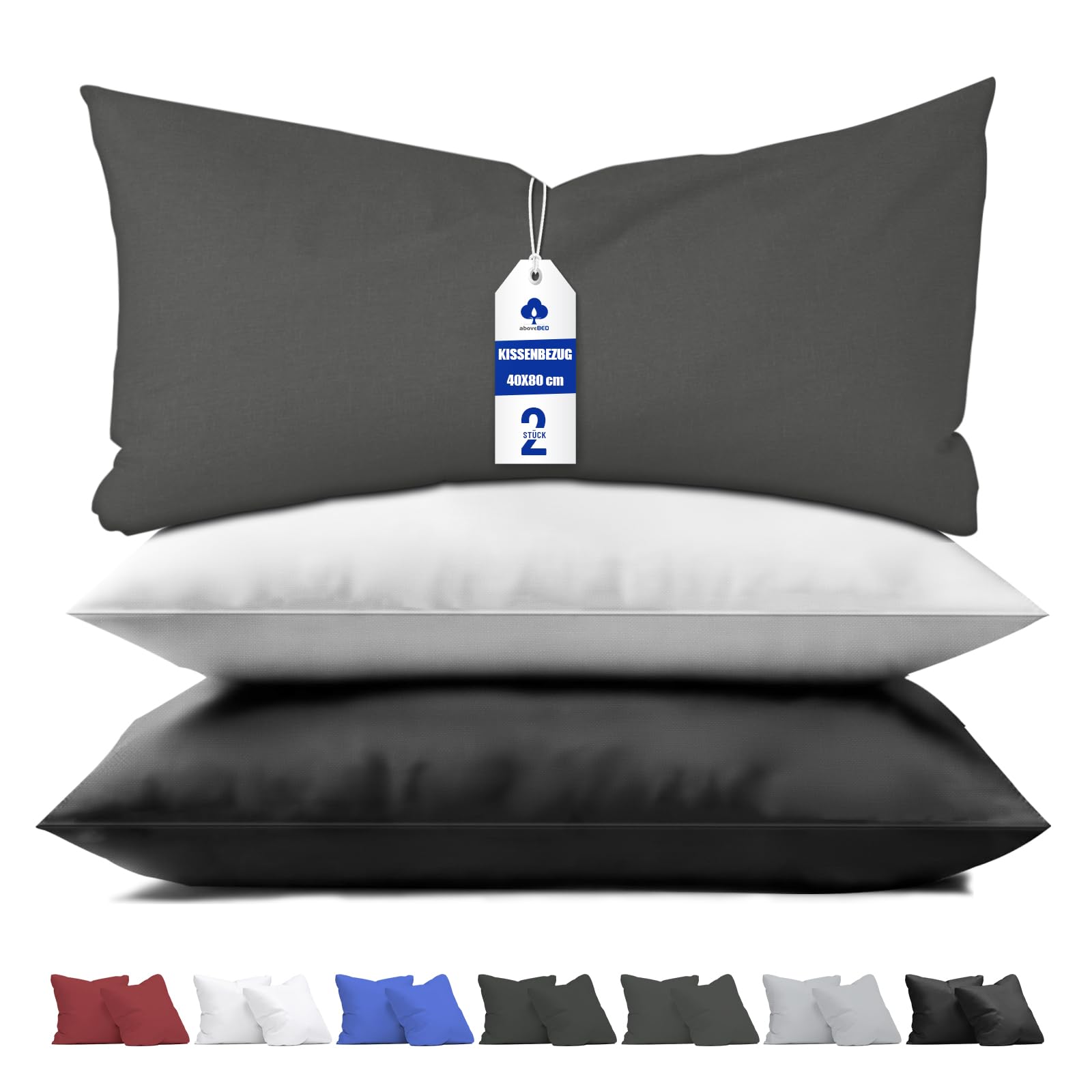 aboveBED Kissenbezug 40 x 80 (2er-Set), Grau, Kopfkissenbezug 40x80 cm aus 100% Mikrofaser, Kissenbezug mit Reißverschluss, Weich und Atmungsaktiv, Waschbare