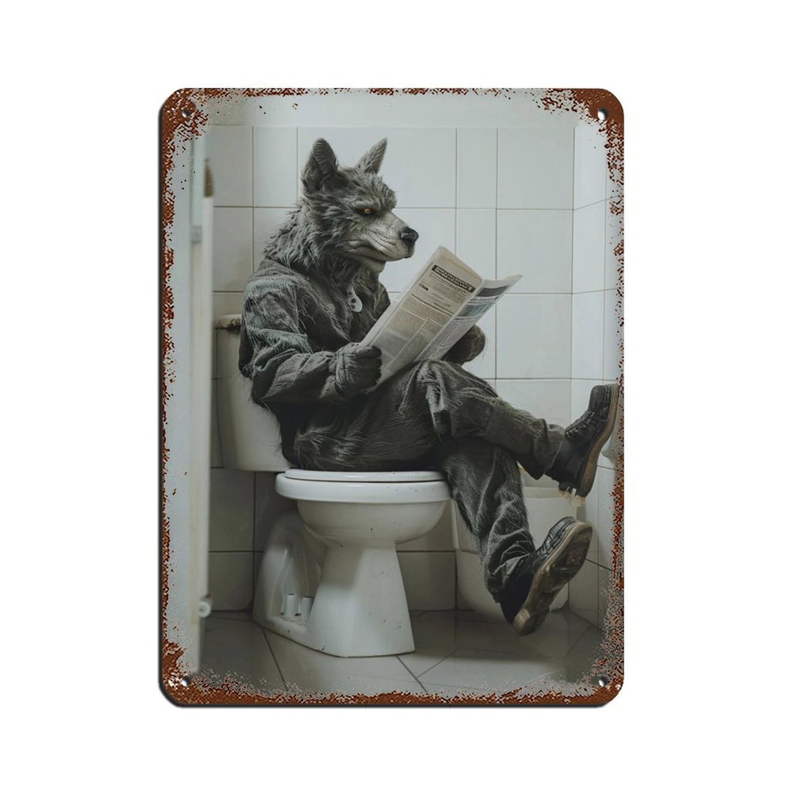 Werewolf Sitting on The Toilet Reading A Newspaper (5) Retro Poster Metal Tin Sign Chic Art Retro Iron Painting Bar People Cave Cafe Family Garage Poster Wall Decoration 12x16inch(30x40cm)