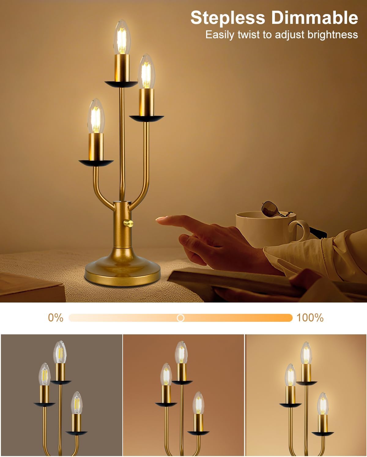 Lightdot Vintage Candle Table Lamp 3 - Light Candelabra Desk Lamp for Wedding/Party, 3000K Warm White Mid Century Nightstand Lamp Dimmable Bedside Lamps for Bedroom/Dining - Gold