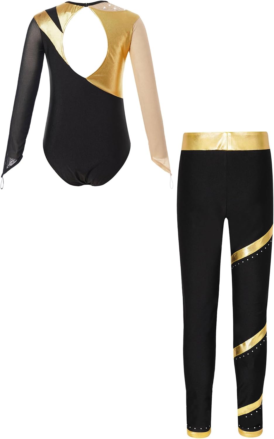 Kids Girls Metallic Skating Dance Outfits Long Sleeve Gymnastics Leotard with Leggings Pants Set Activewear