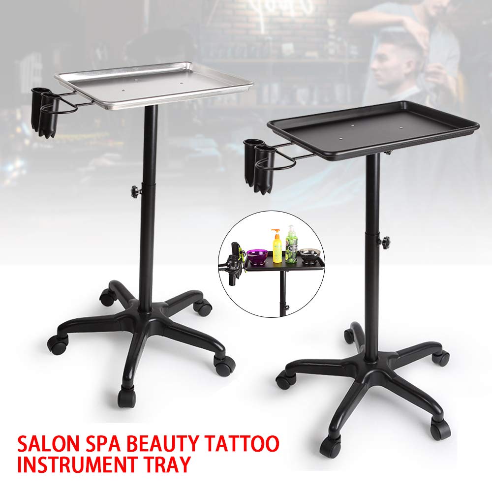 Wózek na kółkach do salonu z 2 uchwytami na kubki i metalową pętelką, wózek do fryzjerstwa fryzjerskiego, spa, tatuażu i narzędzi stomatologicznych, mobilna metalowa taca (srebrna)