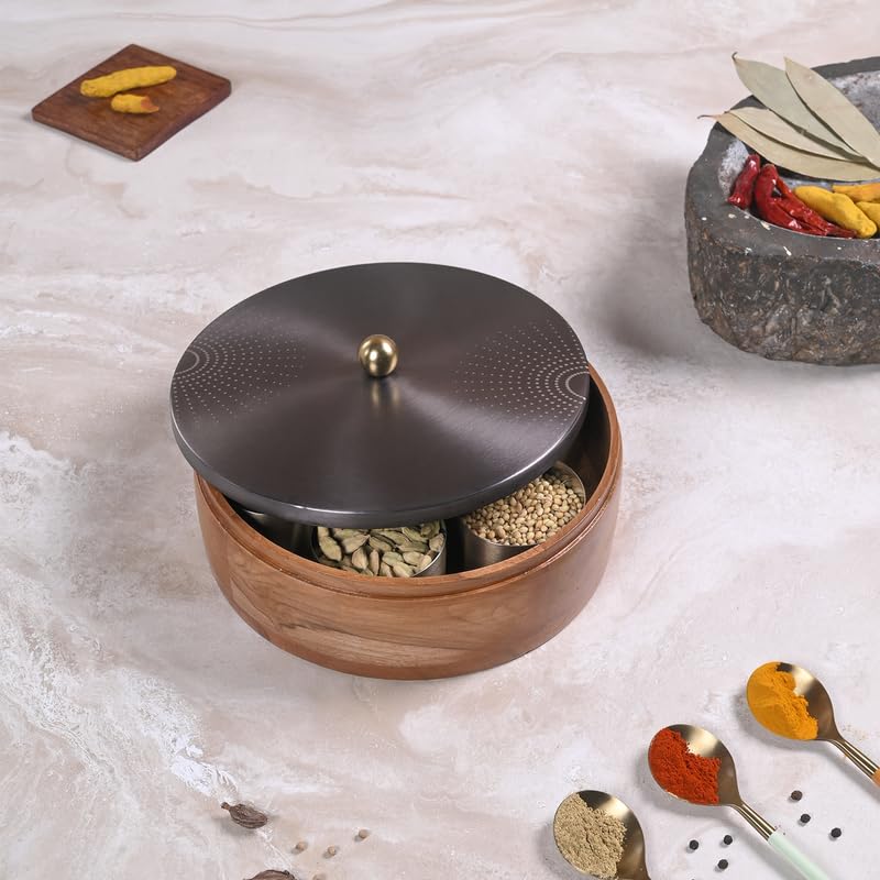 Image of Wooden Masala Box for Kitchen - 7 Stainless Steel Jars with Wooden Spoon | Stainless Steel Brass Lid with Knob | Multipurpose Dry Fruit & Spice Storage - GunMetal (SunRays Laser Etching)