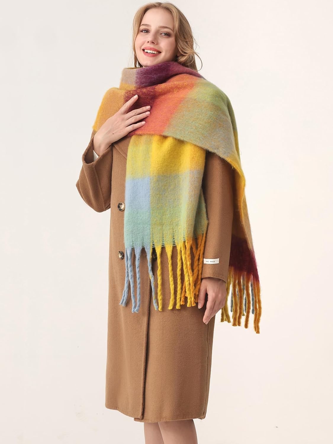 HOTIAN Women's Large Scarf Colorful Chunky Plaid Scarves Soft Winter Thick Tassel Warm Wrap Shawl - Image 4
