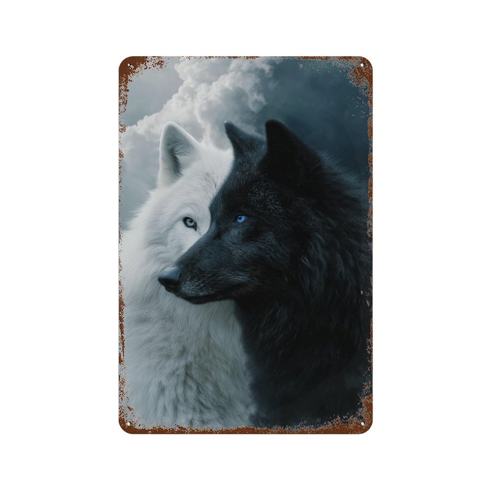 Black & White Wolves Harmony in Nature Aged Metal Wall Plaque 11.8"x7.9", Rustic Home Decor for Garage, Pub Or Kitchen