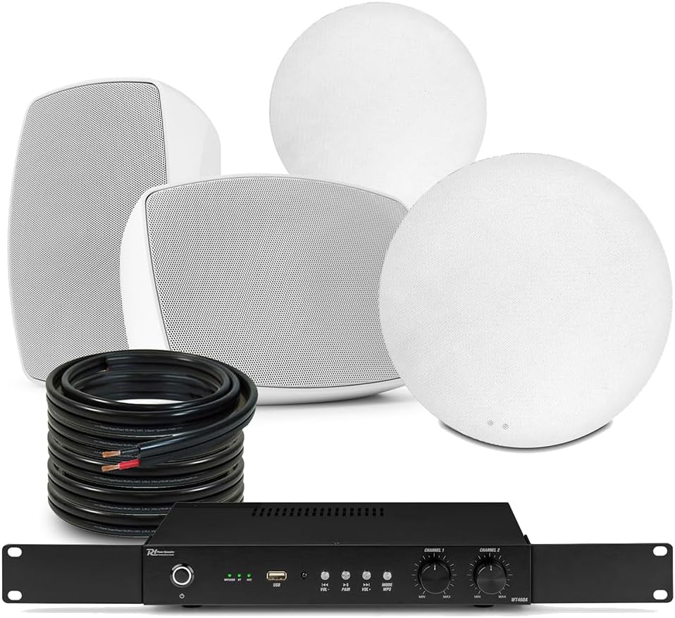 Power Dynamics 2-Zone Audio System with Ceiling & 5.25″ White Outdoor Speakers, Home Multi-Room Sound System, 100V Line Speaker, External Speaker System, Kitchen Ceiling Speaker, Patio Speaker System