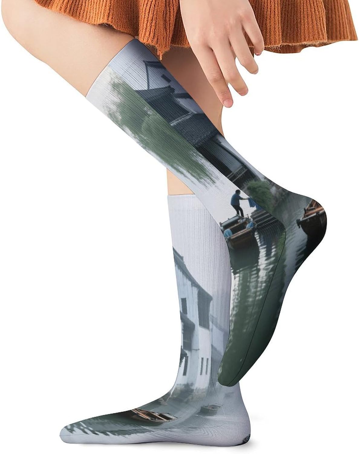 Early Morning in Jiangnan Water Town Crew Socks High Stocking Thermal Socks | Tube Socks-Breathable-Moisture-Soft-wicking for Hospital Pilates Yoga for women men Grippy for office and daily walking