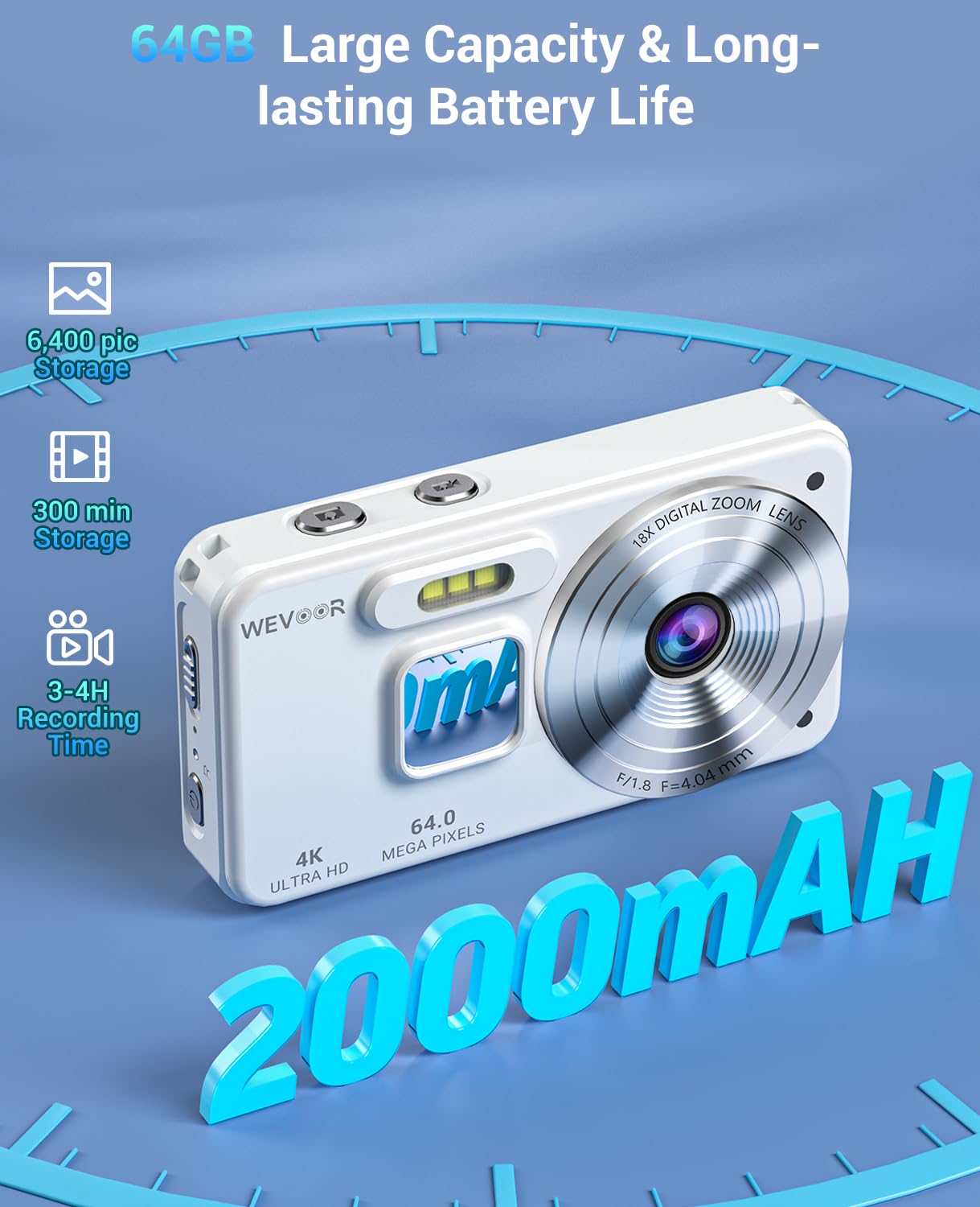 Cámara de Fotos 4K 64MP, Wevoor Camara Digital 64GB con 2.8" Pantalla, Zoom Digital 18x, 2000mAh Digital Compact Cameras, Camara Fotos Portátil para Principiantes Niños Adolescentes - Blanco — view 5