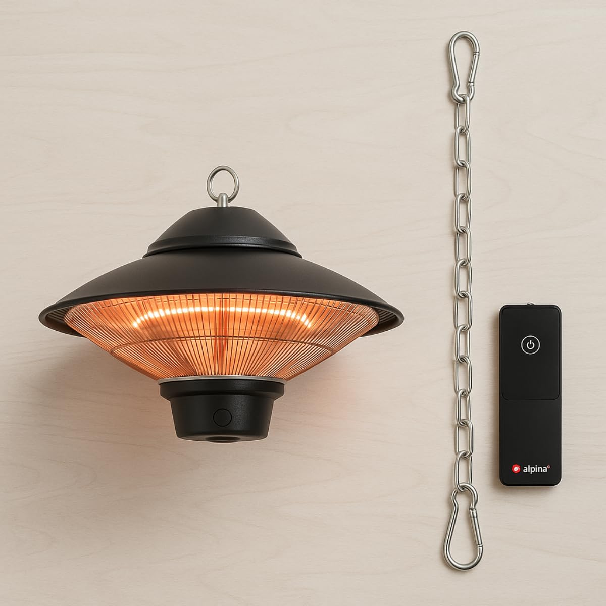 alpina Chauffage Extérieur Terrasse 1500W – Chauffage Électrique Suspendu Rond Infrarouge avec Télécommande – Radiateur de Terrasse Intérieur/Extérieur, Noir