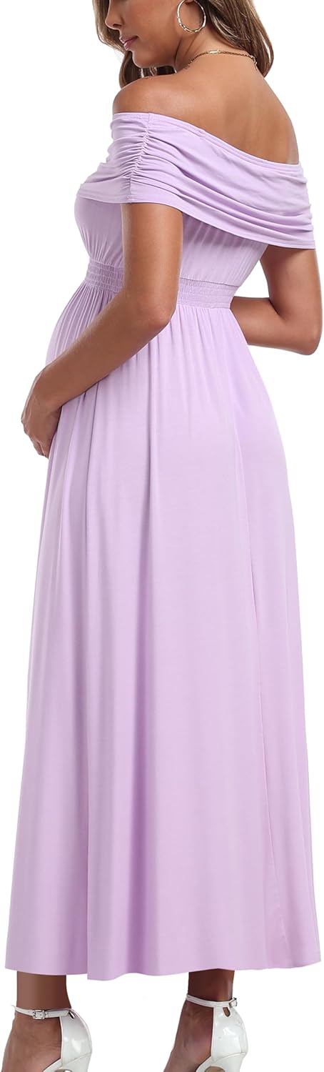 Off The Shoulder Maxi Maternity Dress for Photoshoot Baby Shower Sleeveless Casual Long Dresses - Image 3