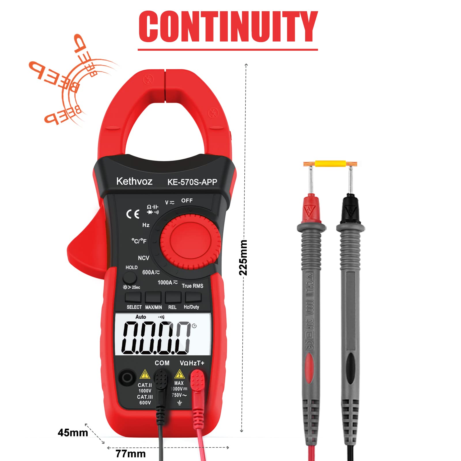Bluetooth Clamp Meter Zangenamperemeter, Kethvoz Anto Range True-RMS Stromzange NCV Voltmeter 570S-APP Measure AC/DC Spannung Strom,Durchgang Widerstand Kapazität Temperatur