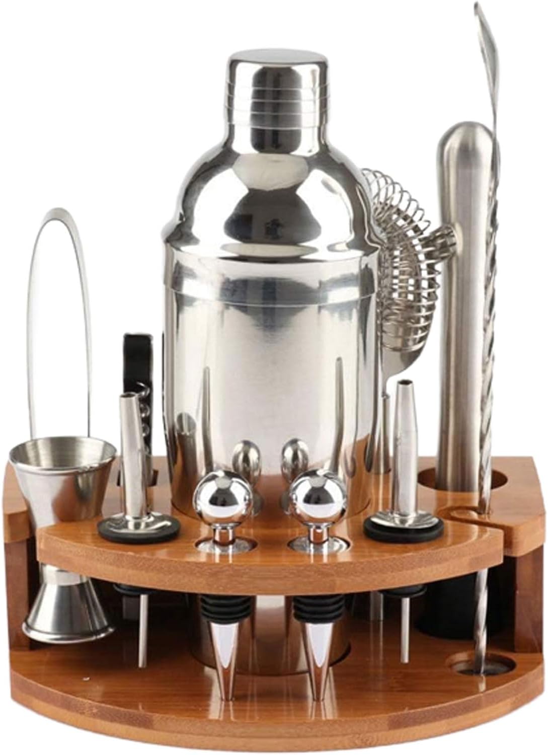 Set de Coctelera de Acero Inoxidable de 13 Piezas con Soporte de Bambú