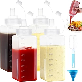Pack of 4 Squeeze Bottles 800 ml Squeeze Bottle with Caps 27 oz Wide Mouth Plastic Sauce Bottle with Measuring Scale Brushes and Funnel Dosing Bottle for Ketchup Oil BBQ Sauce Pigment