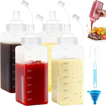 4PCS Sauce Bottle 800ml, Squeezy Bottles with Nozzles 27oz, Plastic Square Sauce Bottle with Scale, Brush, Funnel, Large Condiment Squeeze Bottles for Sauces Oil Mustard Ketchup Salad