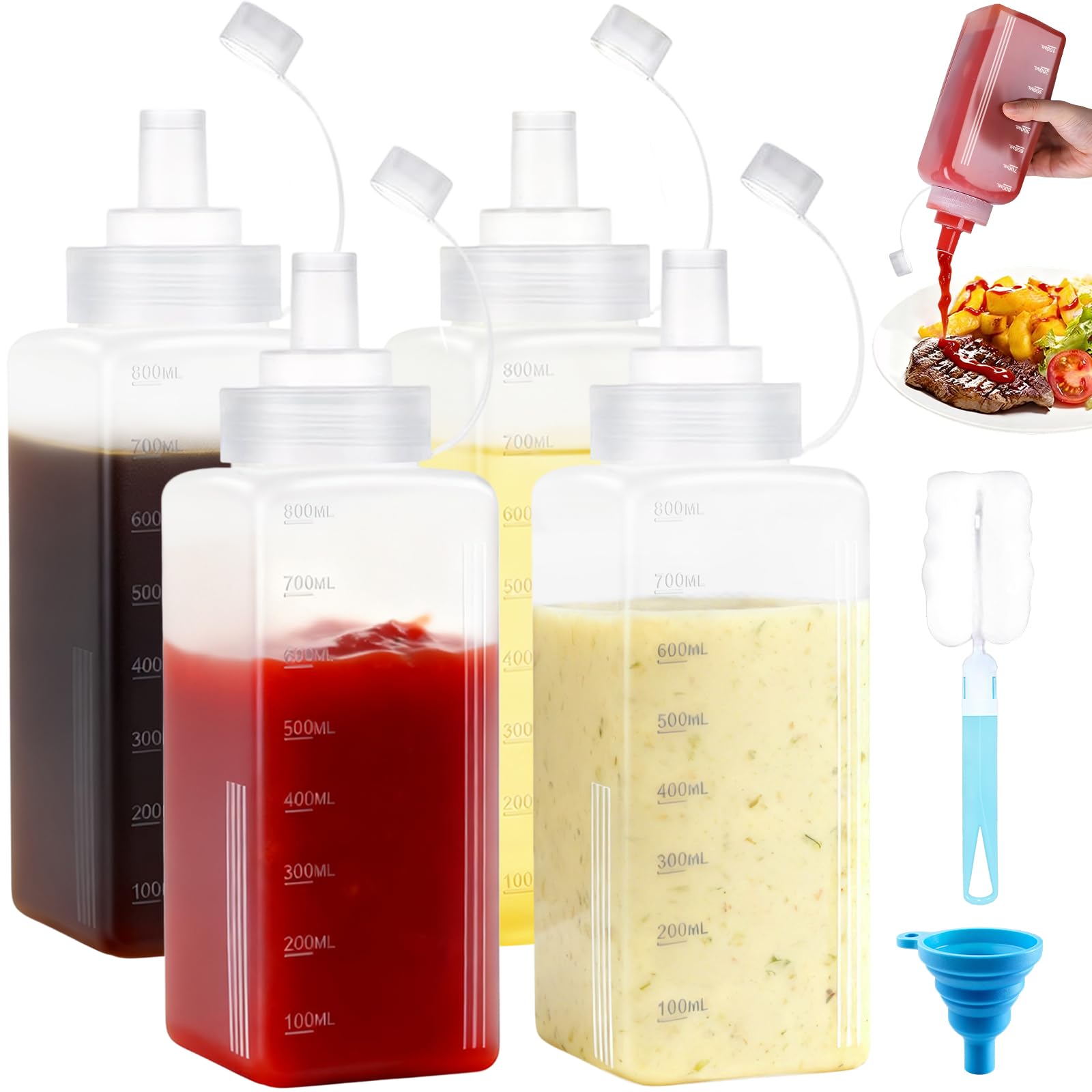 4 Pezzi Bottiglia Squeeze di Plastica 800ML, Bottiglia per Squeeze con Tappi, Bocca Grande,Trasparente Condimento Dispenser con Pennello per Ketchup Senape Mayo Salse Piccanti Olio d'oliva