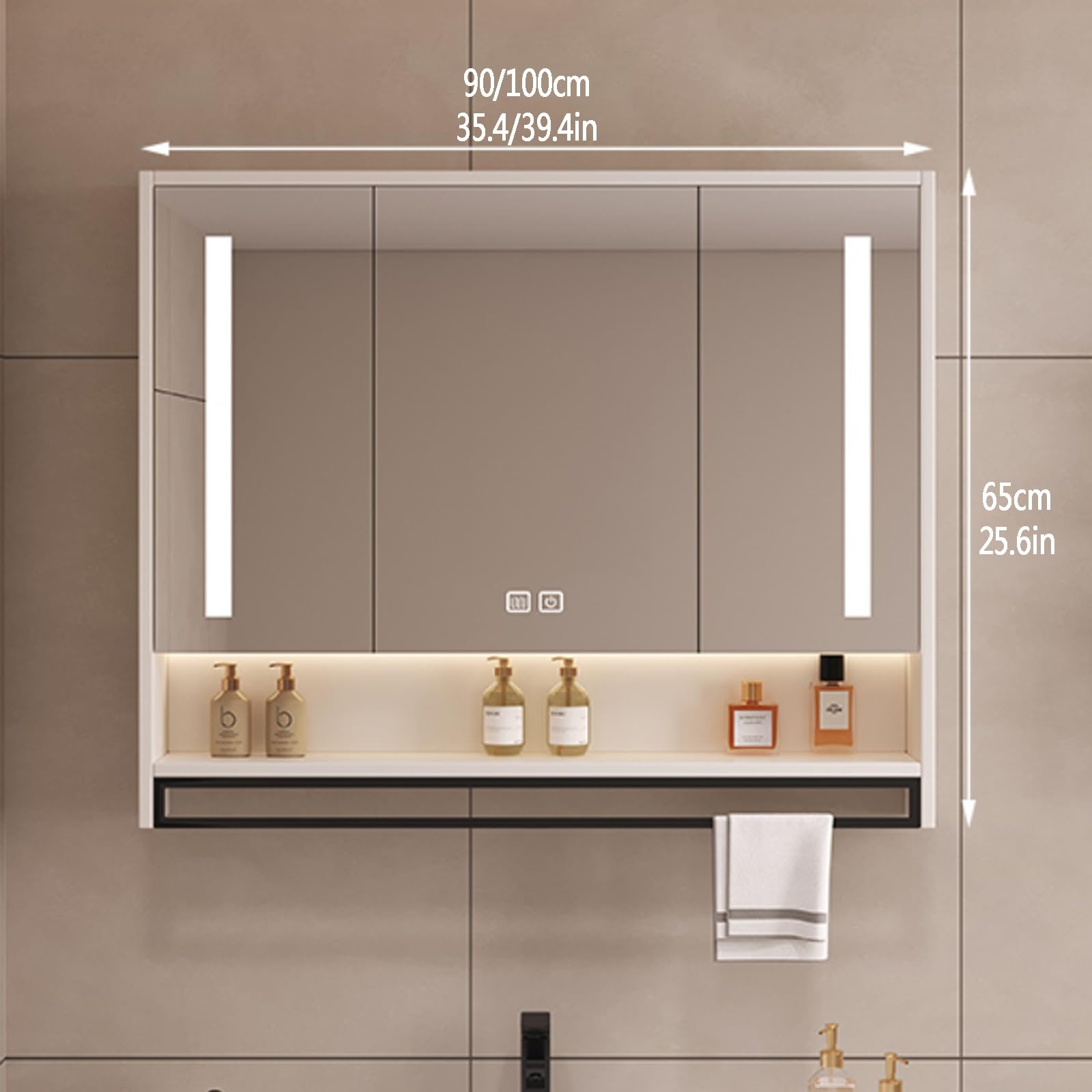 LED Armario de Baño Rectangular con Luz LED madera maciza,Armario con Espejo Antivaho de Maquillaje Inteligente,Gabinete De Espejo De Tocador De Baño Montado En La Pared,Con toallero,(White,90*13*65cm