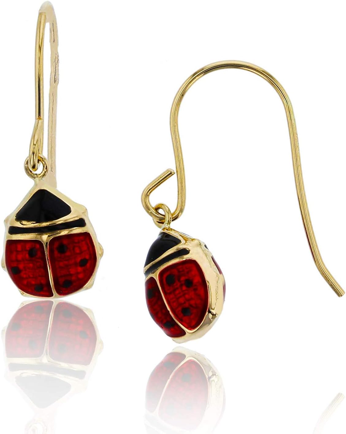 DECADENCE 14K Yellow Gold 8x23mm Red & Black Enamel Lady Bug Dangling Fish-Hook Earring | Dangle Earring | 14k Gold Earring For Women
