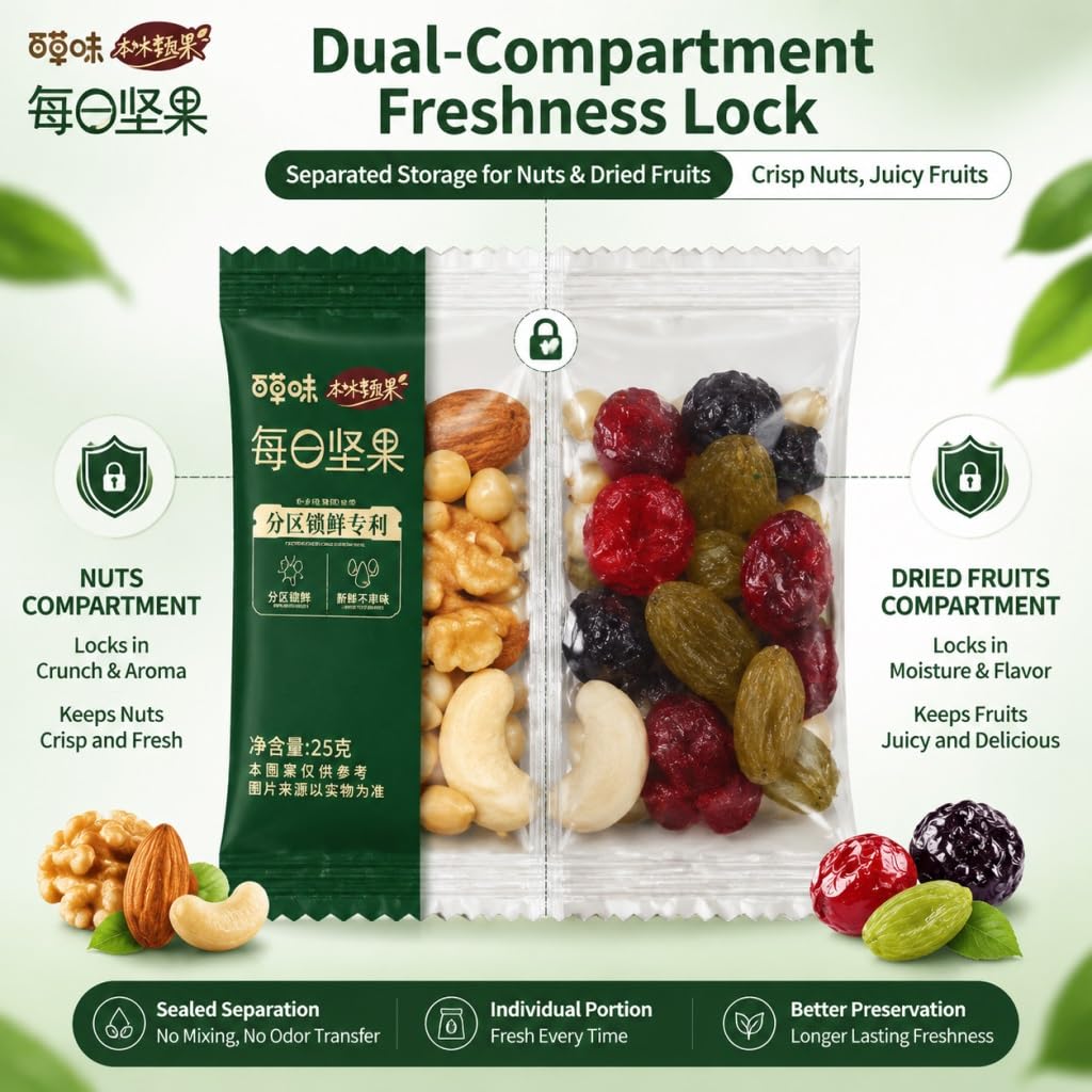Snack Diario De Frutos Secos Y, 750 G (30 Paquetes) | 5 Nueces + 2 Frutas | Bocadillos Resellables, Frescos, Portátiles Que No Ensucian For Adultos