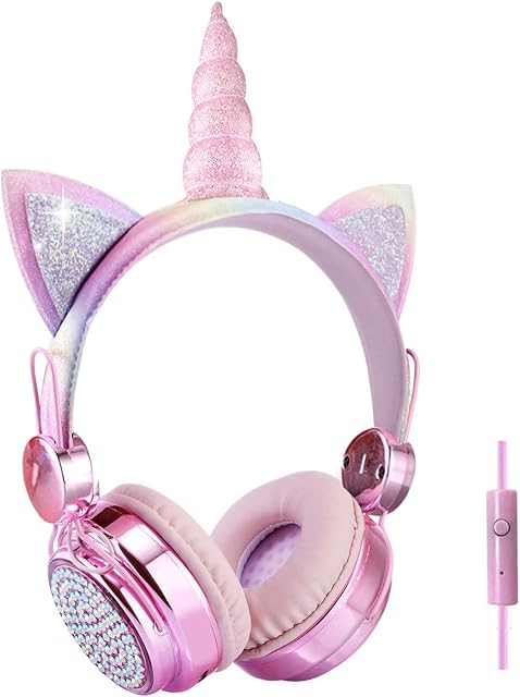 FLOKYU Kids Headphones Childrens Unicorn Over Ear Wired Headphone 3.5MM Audio Cable 85dB Volume Limited Handsfree Anime Headphones for Boys, Girls,Adults,Teens