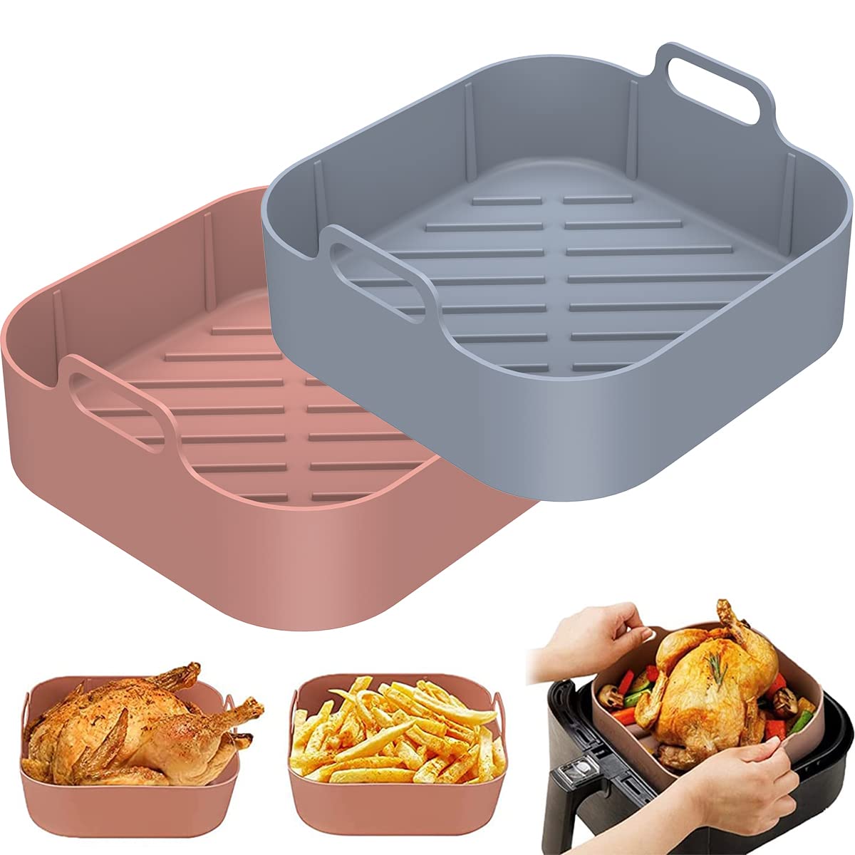FUYGRCJ 2Pcs Air Fryer Silicone Pot 8 Inch Liners Basket Non Stick Accessories Reusable Replacement Parchment for Oven Microwave (Grey + Brown- bias line bottom)