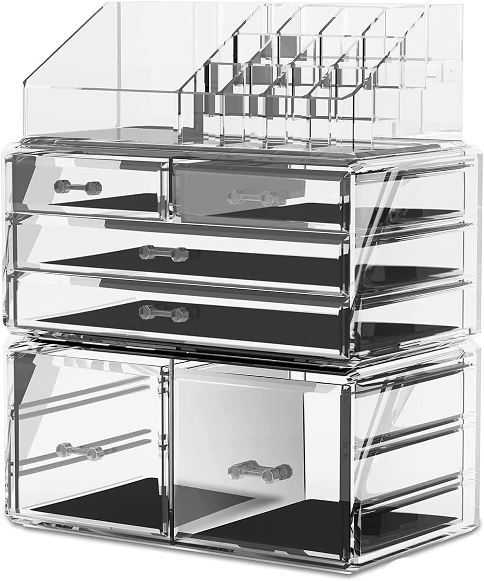 Acrylic Clear Makeup Storage Organizer,Drawers Skin Care X Large Cosmetic Display Cases Stackable Storage Box with 11 Drawers for Dresser,Purple