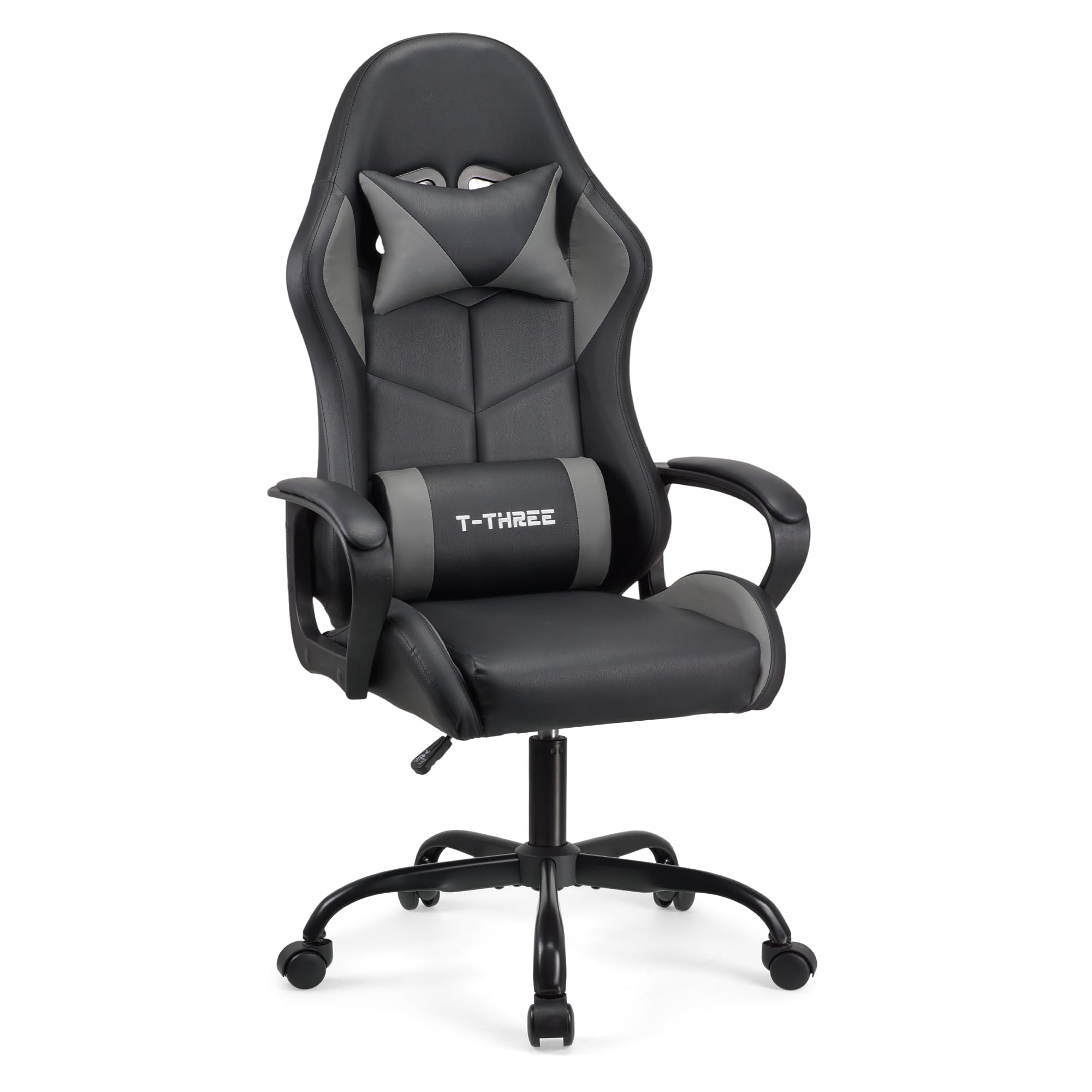 T-THREE.Silla ergonómica de Respaldo Alto para Gaming, Oficina, Estudio, giratoria y Estilo Carrera, con Soporte Lumbar y reposacabezas Ajustables, 150 kg, Ideal para Oficina en casa.（Grey）